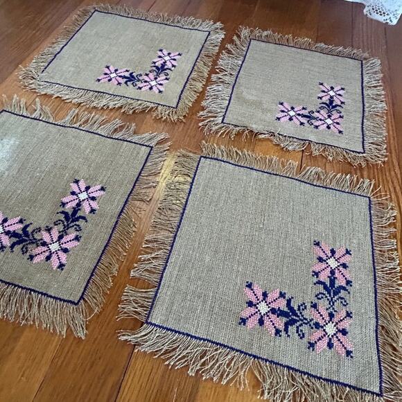 Vintage Pink Floral Embroidered 10”x10” Placemats on Burlap with Fringed Edge - Picture 4 of 9